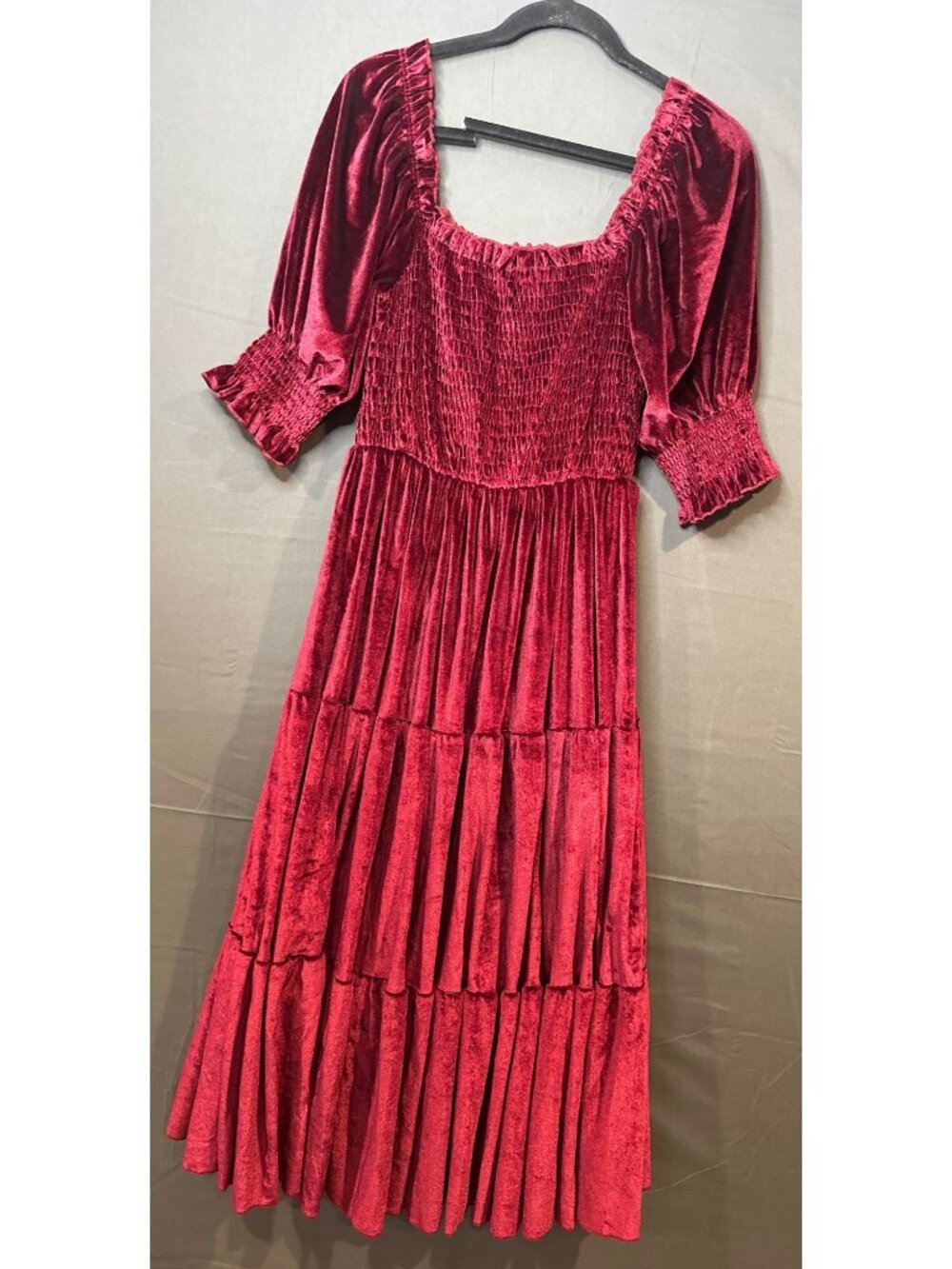 Realtix XL Burgundy Velvet Maxi Dress Smocked Puff Sleeve Cottagecore Romantic